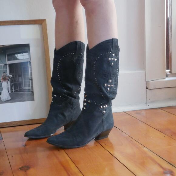 vintage cowboy boot Italian made navy suede leather studded embroidered - Picture 6 of 10